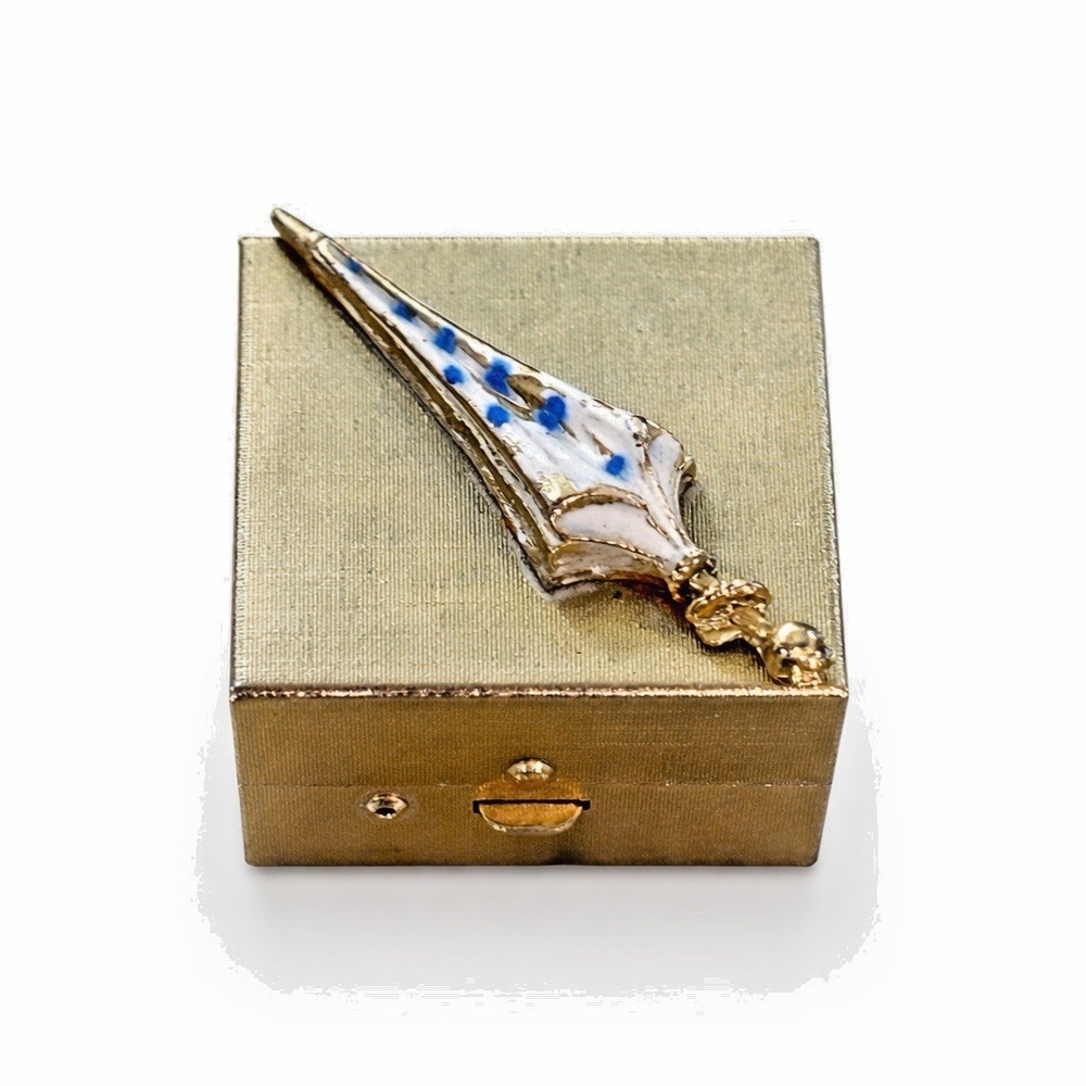 Vintage Brass Trinket Box w Enamel Umbrella Mini Pill Jewelry Case